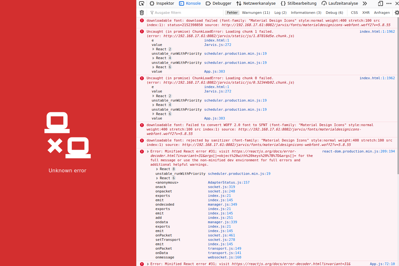 jarvis startet mit roter unknown ErrorSeite