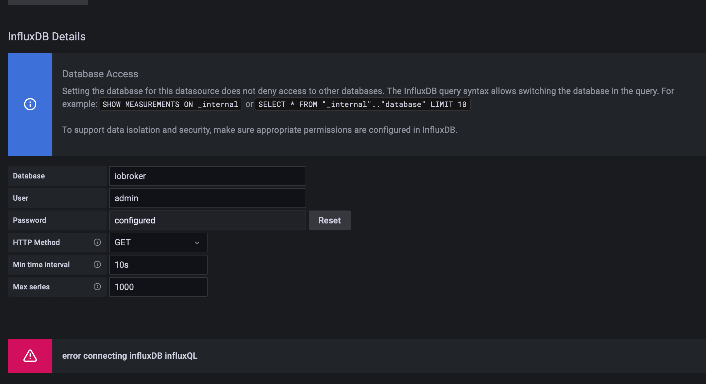 Grafana / Influxdb Verbindungsfehler